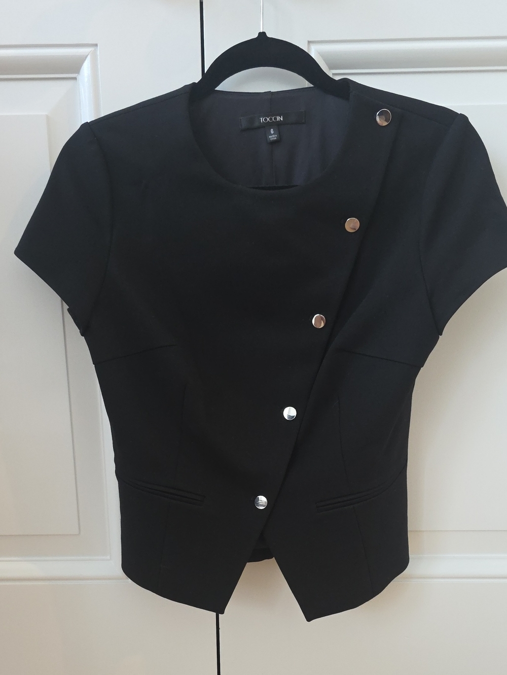 Toccin Black Short Sleeve Asymmetrical Button Knit Top,